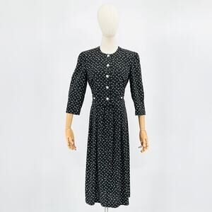 90s Black White Floral Print Pearl Button Midi Dress